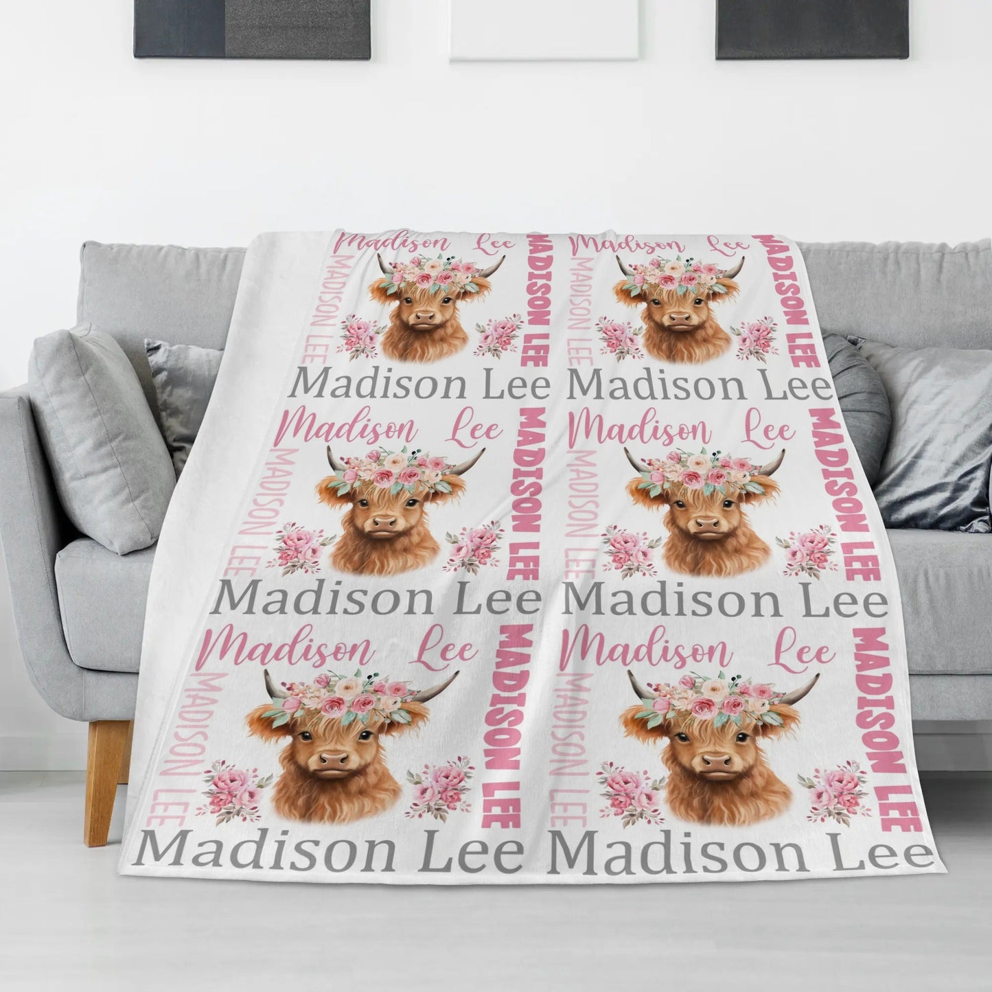 Personalized Pink Floral Collection Cow Girl Name Blanket - Gift for Kids