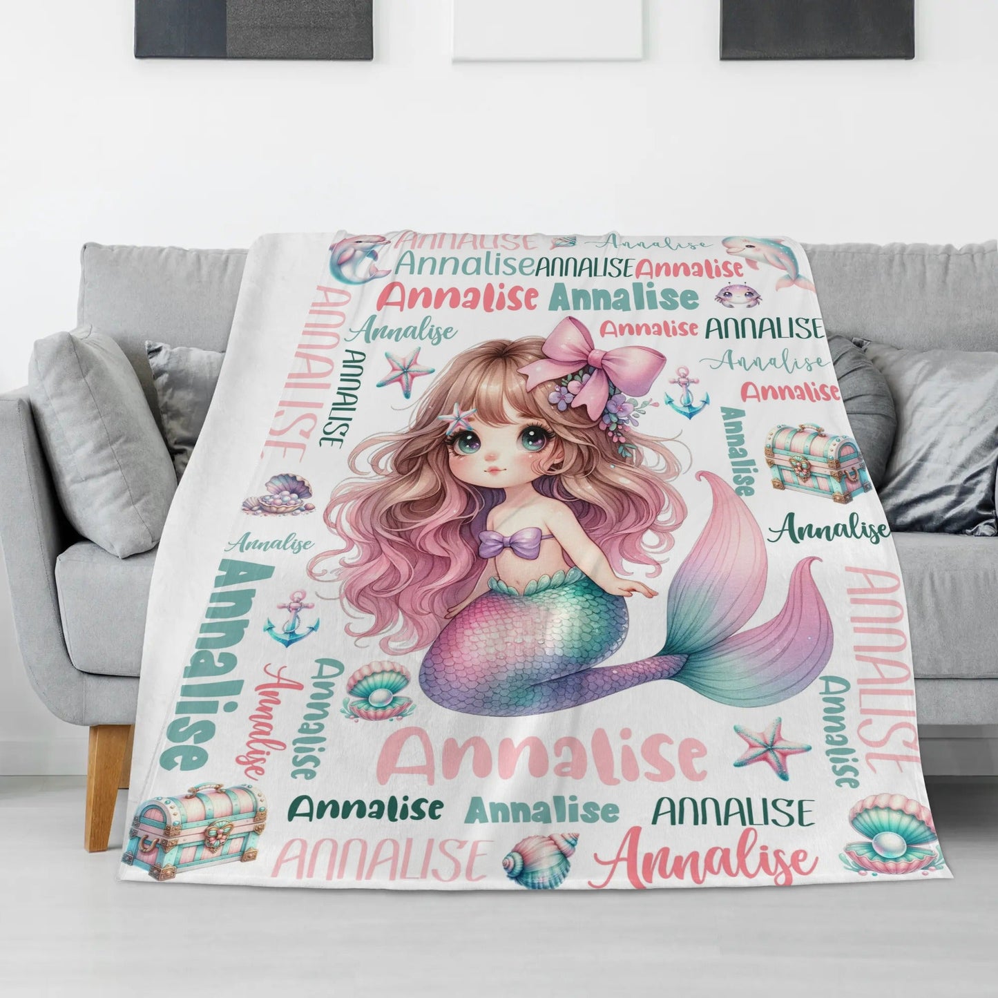 Personalized Watercolor Cute Mermaid Girl Name Blanket - Gift for Kids