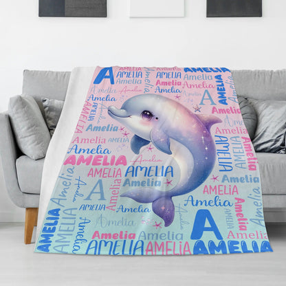 Personalized Watercolor Dolphin Kids Name Blanket - Gift for Kids