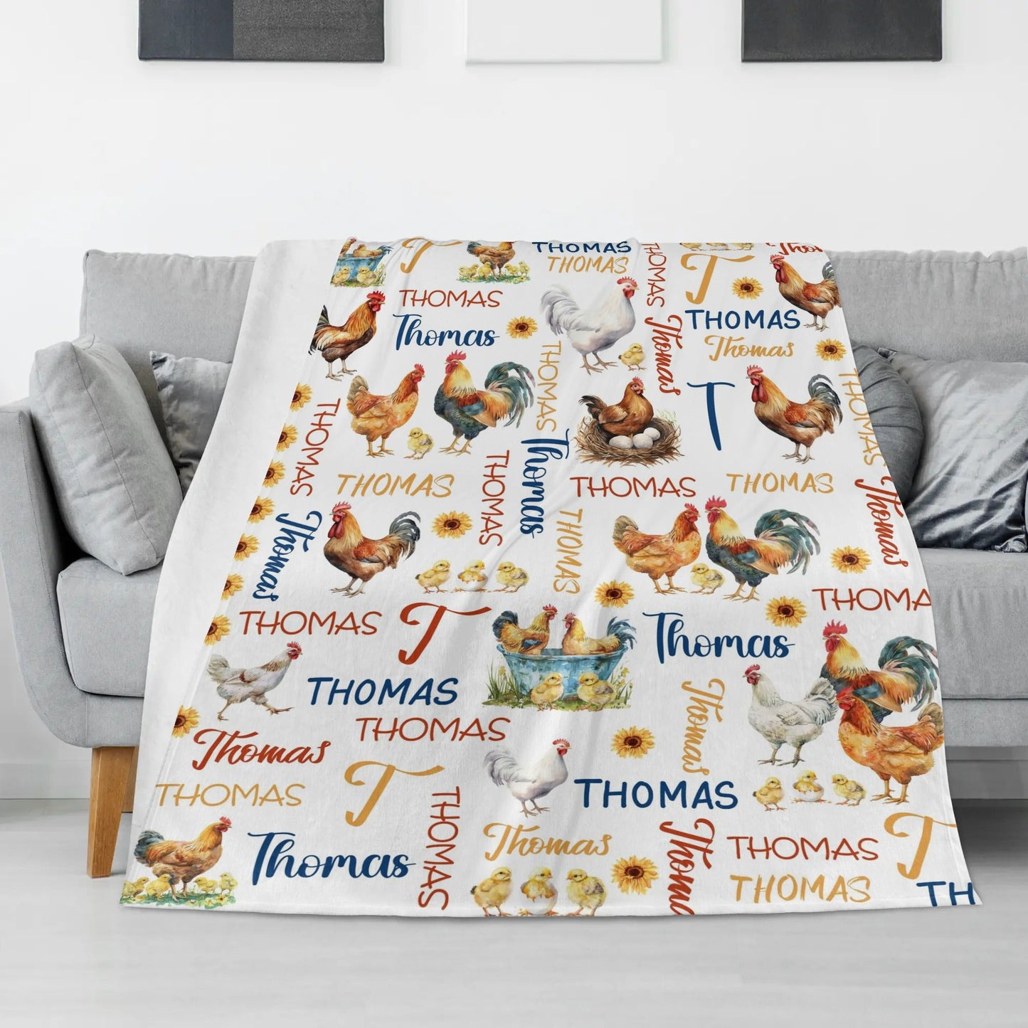 Personalized Watercolor Chickens Baby Name Blanket - Gift for Baby