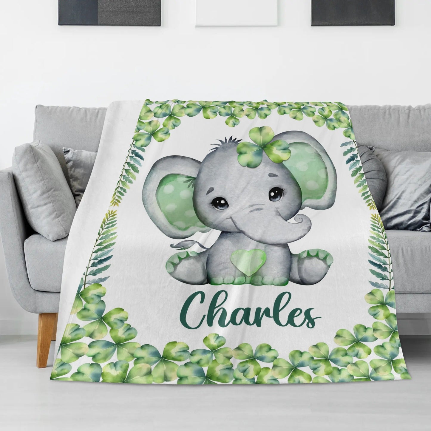 Personalized Clover Elephant Name Blanket - Gift for Kids