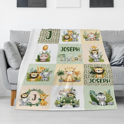 Personalized Safari Animals Children's Name Blankets - Gift for Kids