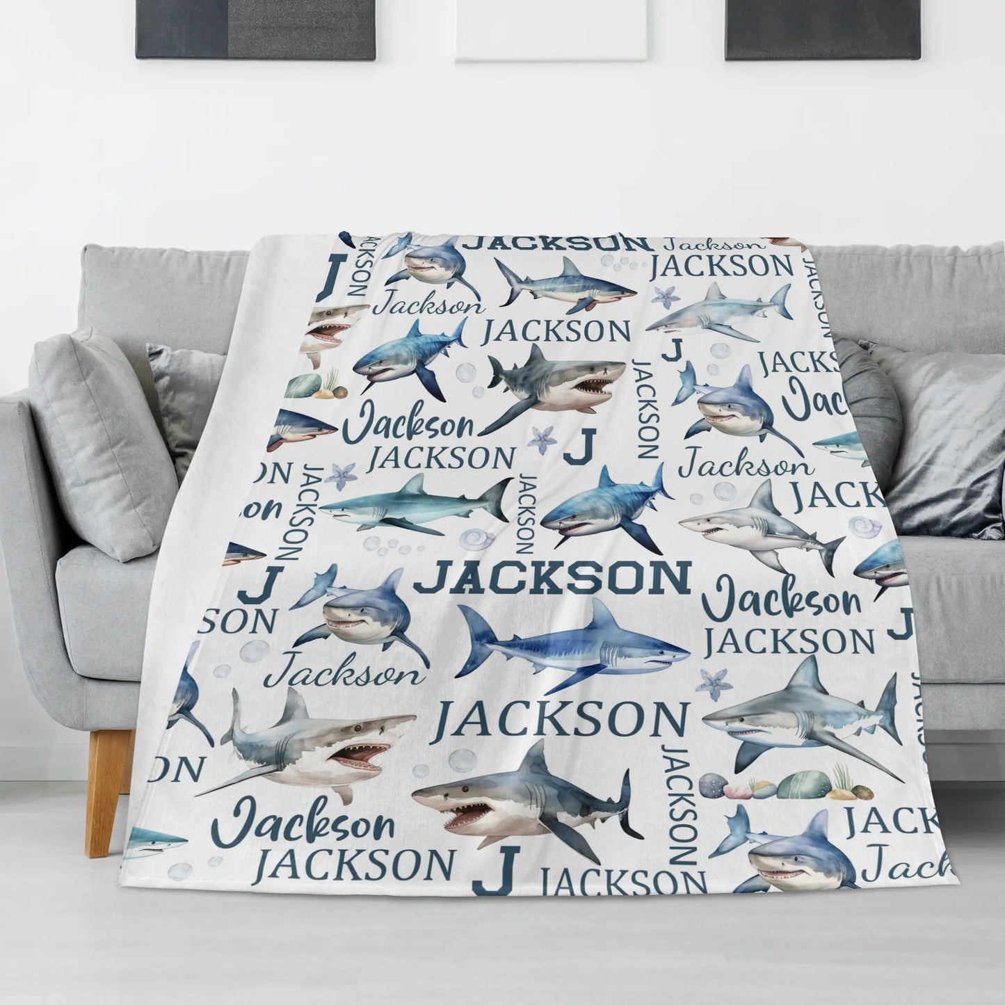 Personalized Watercolor Sharks Name Blankets - Gift for Kids