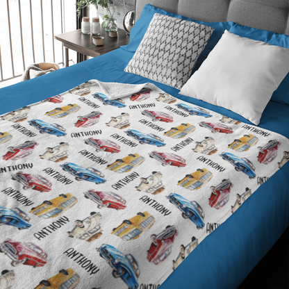 Personalized Custom Boy Vintage Cars Name Blankets - Gift for Kids