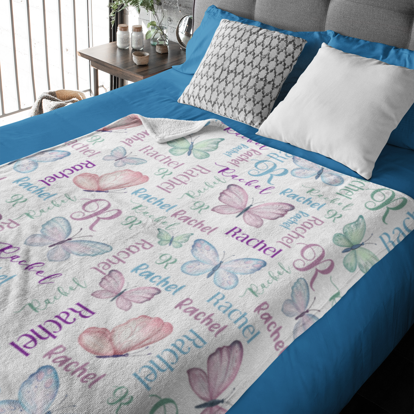 Personalized Watercolor Colorful Butterfly Name Blanket - Gift for Kids