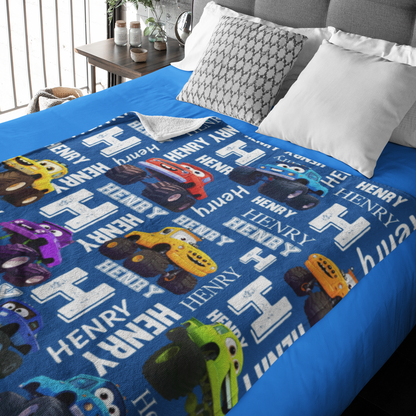 Customized Cartoon Monster Truck Name Blanket - Gift for Kids