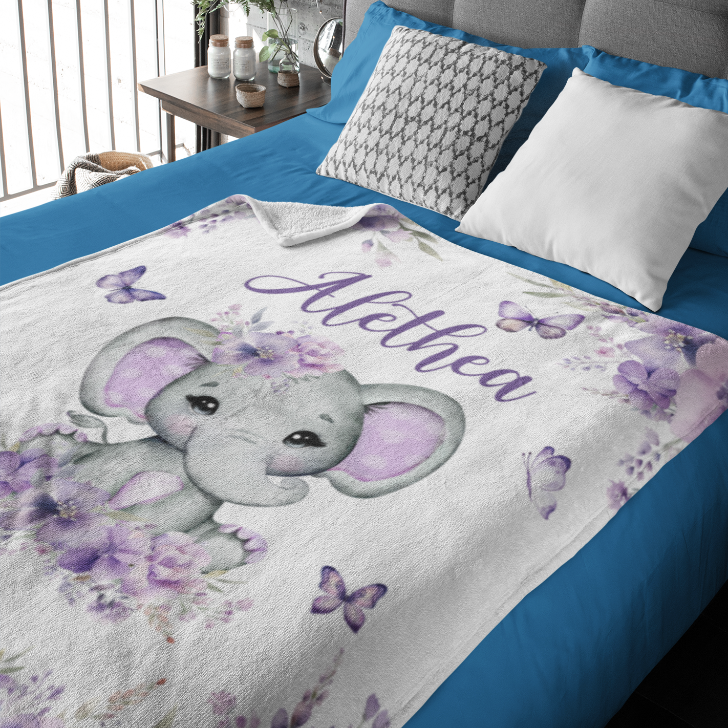 Personalized Watercolor Cute Elephant Baby Name Blanket - Gift for baby