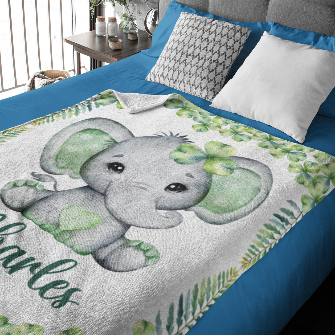 Personalized Clover Elephant Name Blanket - Gift for Kids