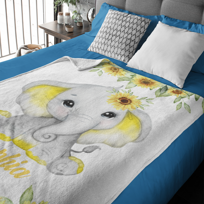 Personalized Custom Sunflower Elephant Name Blanket - Gift for Kids