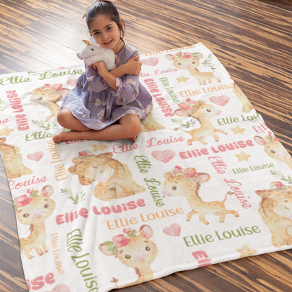 Personalized Watercolor Flowered Deer Name Blanket - Gift for Kids