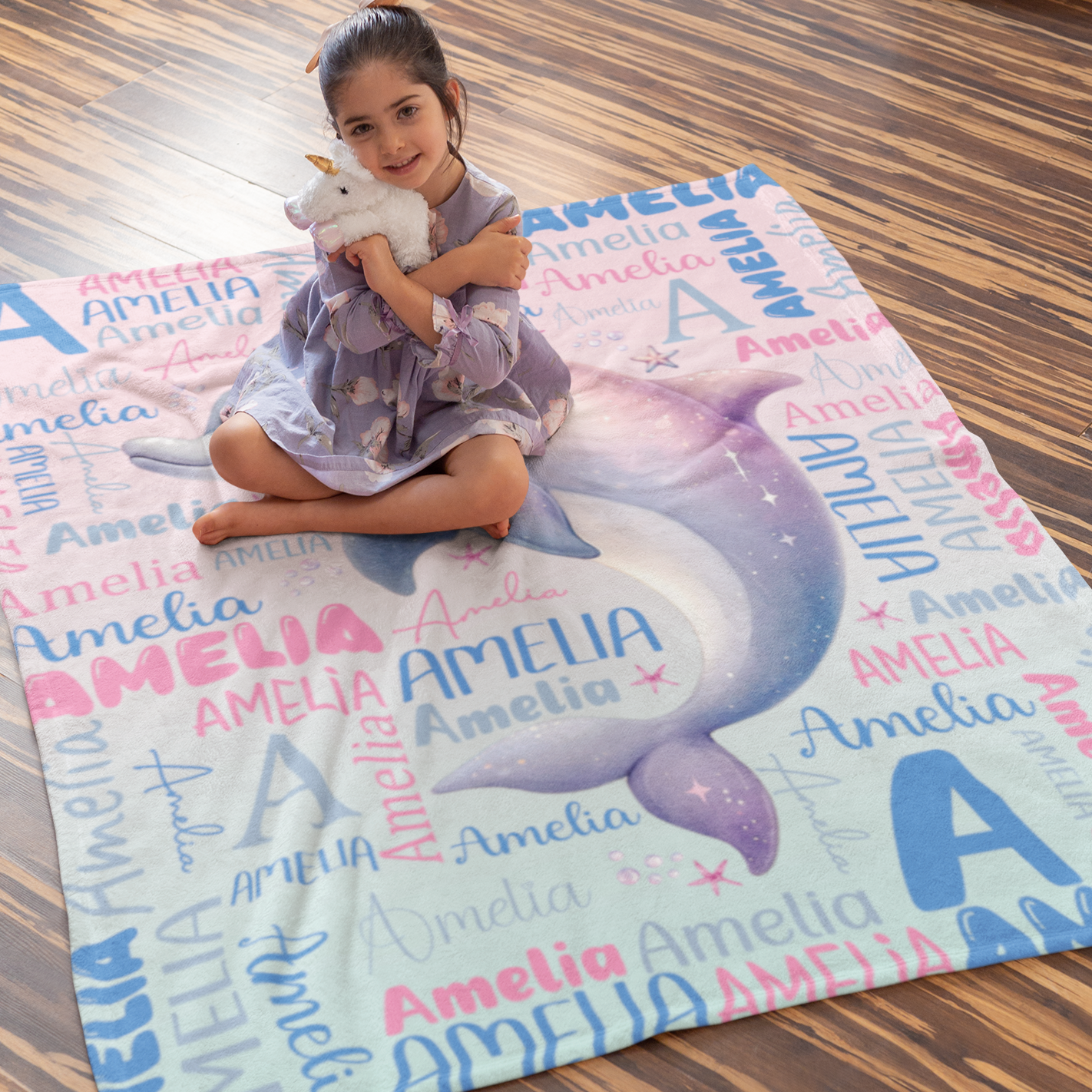 Personalized Watercolor Dolphin Kids Name Blanket - Gift for Kids