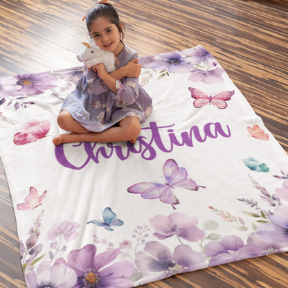 Personalized Watercolor Purple Butterfly  Baby Name Blanket - Gift for baby