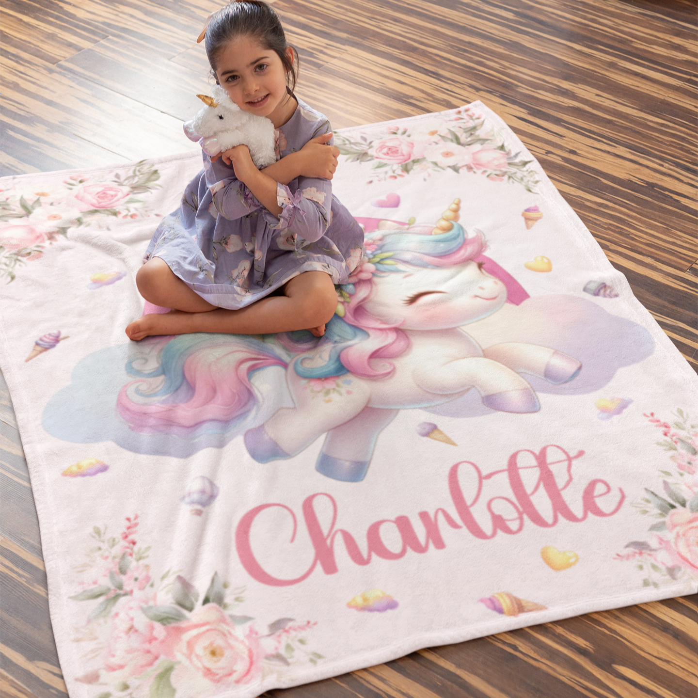 Personalized Unicorn Flowers Name Blanket - Gift for Kids