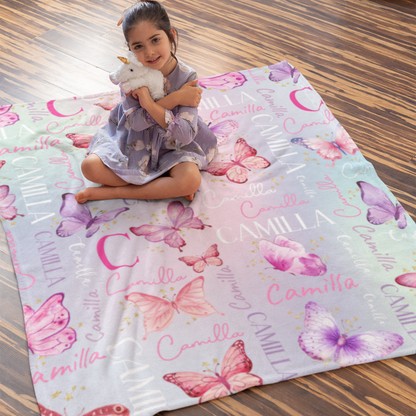 Personalized Watercolor Pink Butterfly Girl Name Blanket - Gift for Kid