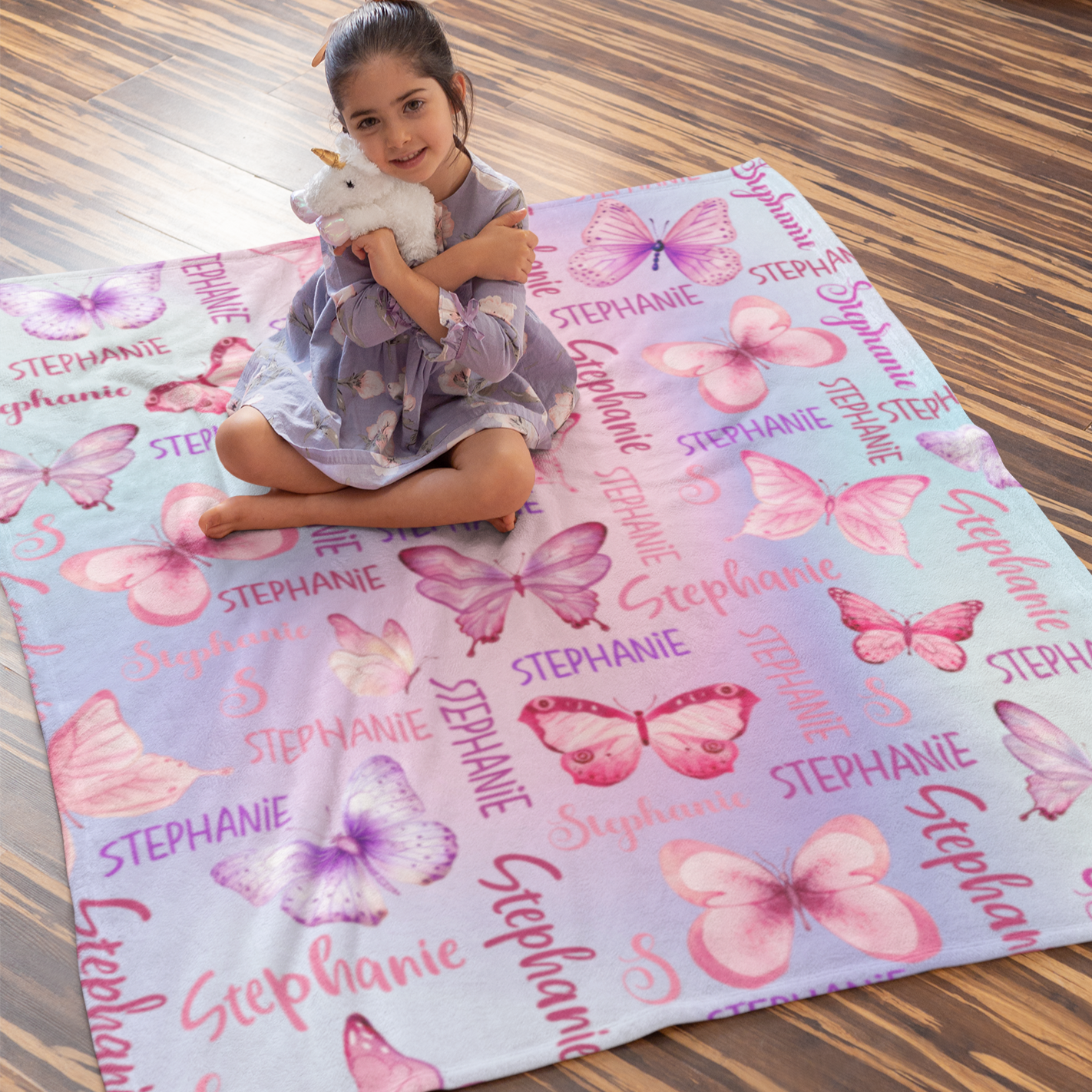 Personalized Pink Purple Butterfly Name Blanket - Gift for Kid