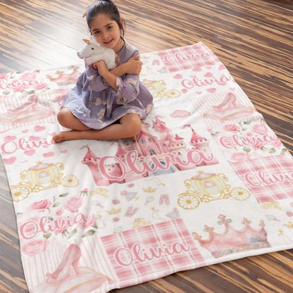 Personalized Flowers castle Girls Name Blanket - Gift for Kids