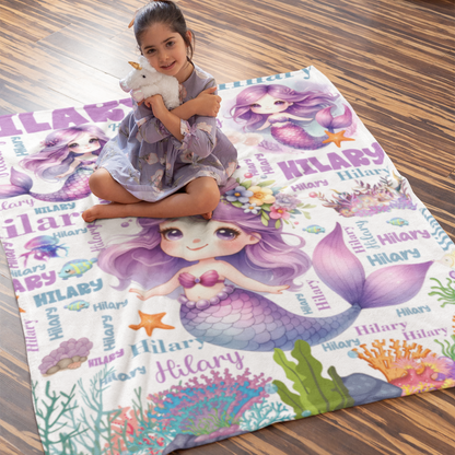 Personalized Purple Little Mermaid Girls Name Blanket - Gift for Kids