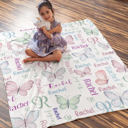 Personalized Watercolor Colorful Butterfly Name Blanket - Gift for Kids