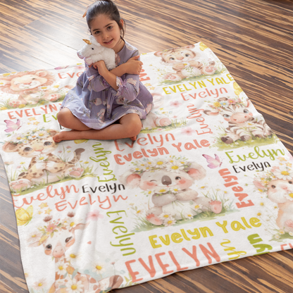 Personalized Daisy Animal Park Kids Name Blanket - Gifts for Kids