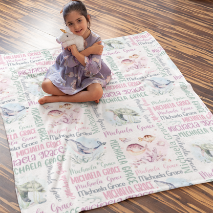 Personalized Watercolor Ocean Animal Name Blanket - Gift for Kids