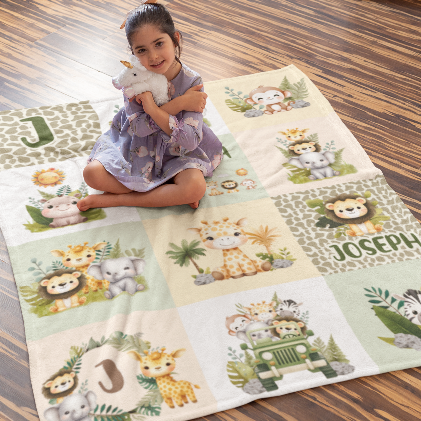 Personalized Safari Animals Children's Name Blankets - Gift for Kids